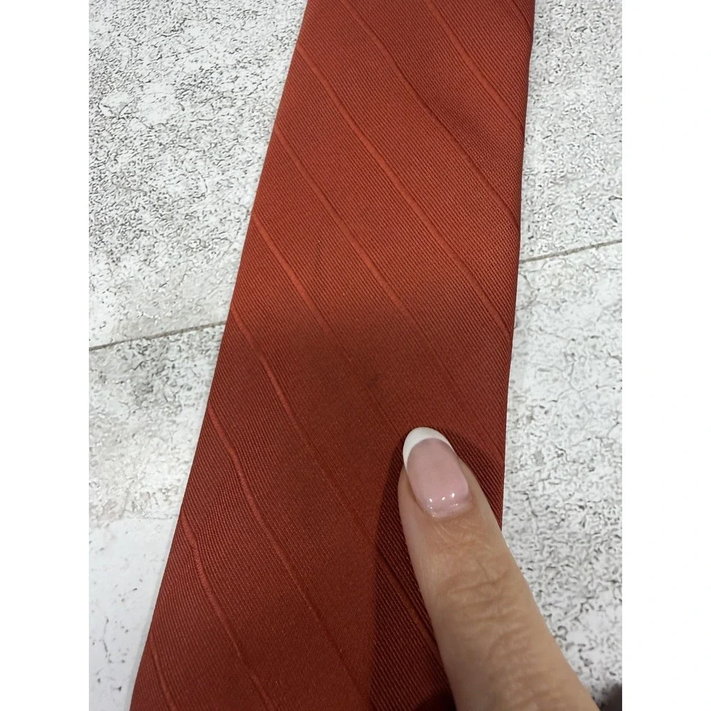 Yves Saint Laurent Tie Mens Orange 100% Silk Striped‎ Embroidered Logo One Size